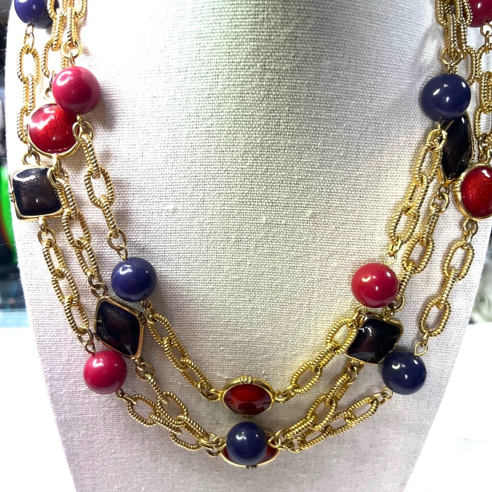 Vintage 90’s Gold Tone Purple Black Red Multi-Strand Necklace